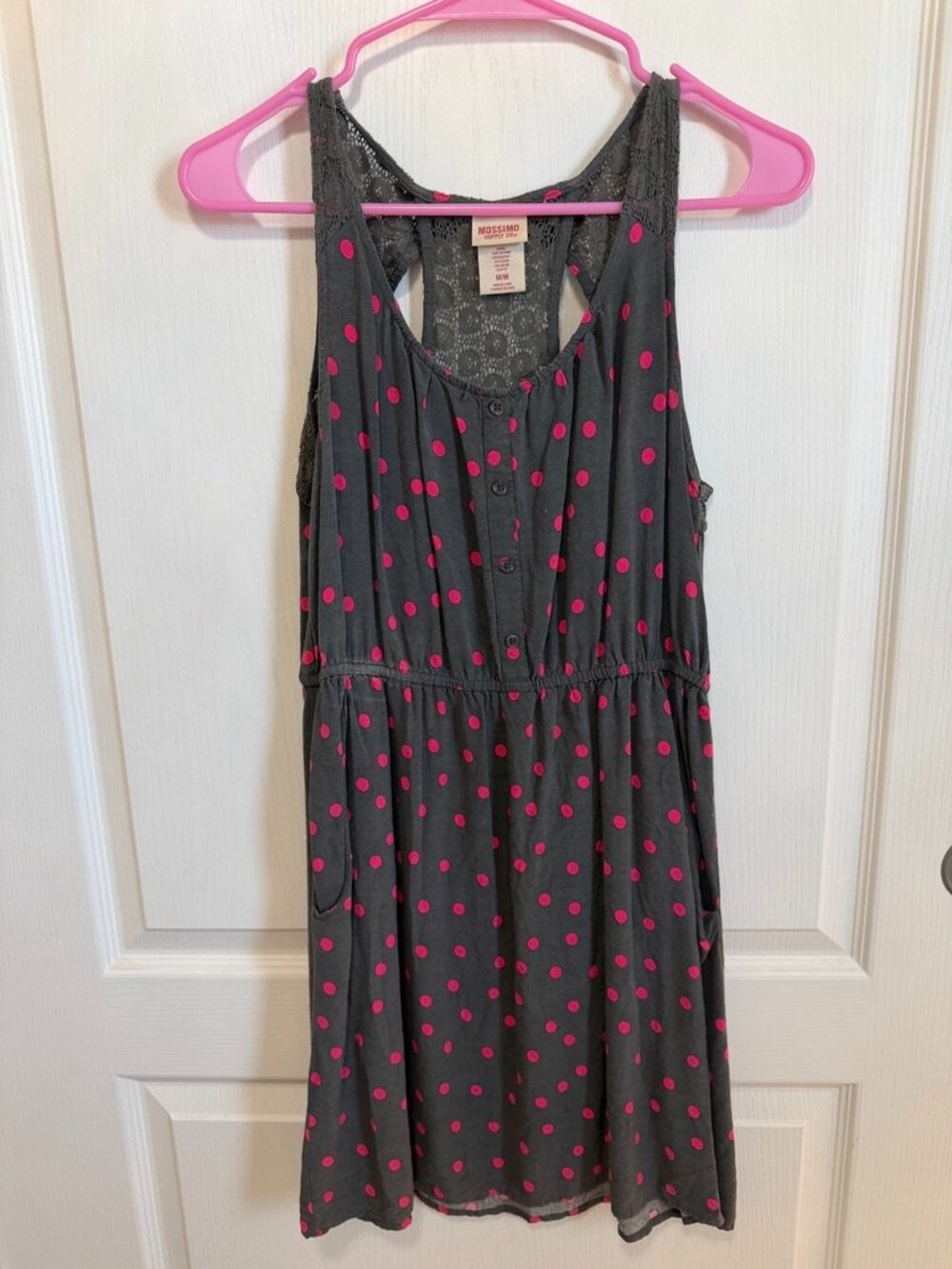 Mossimo Gray & Hot Pink Polka Dot Henley Tank Dress with Pockets